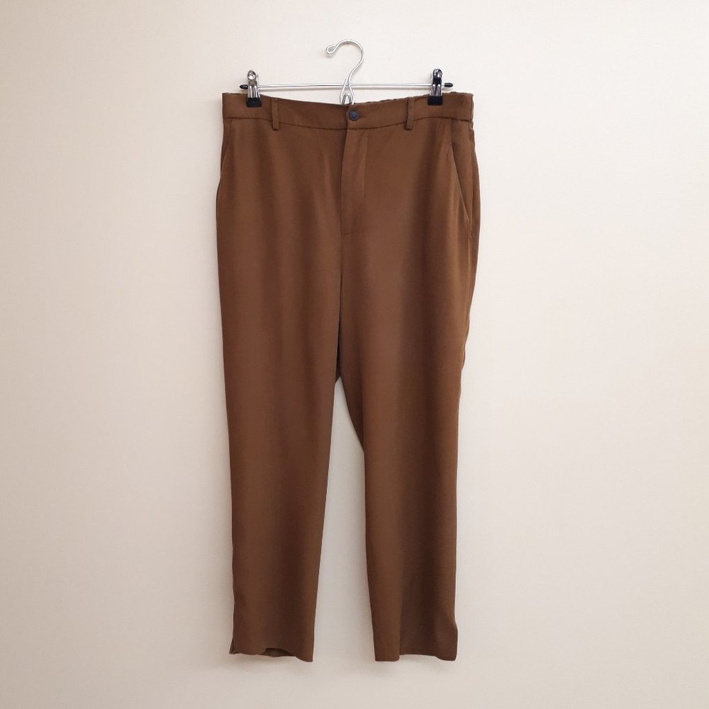 ZARA Slim Fit Tapered Office Trouser with Stretch Waist in Warm Olive Brown